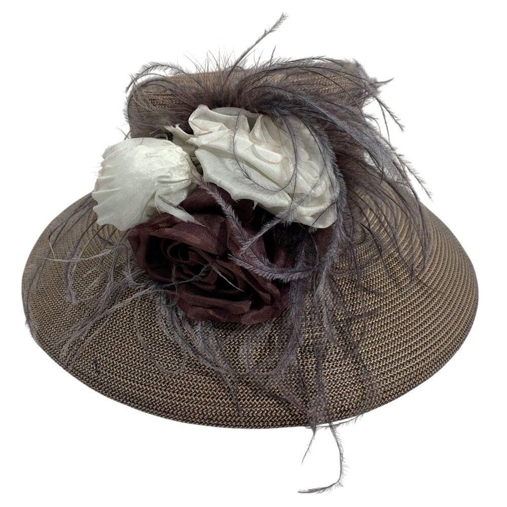 Preston York Beige Straw Kentucky Derby Dress Hat w/ Feathers + Ribbon Flowers